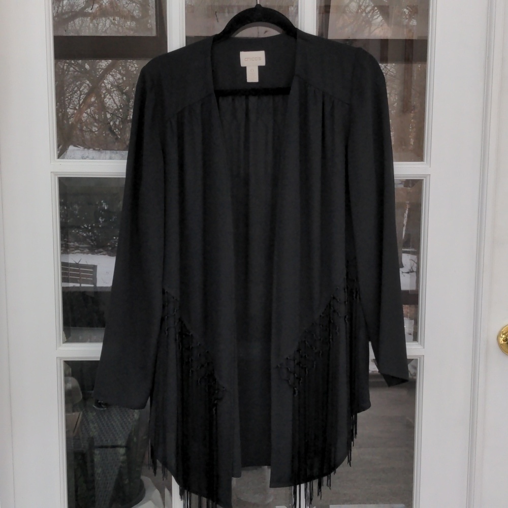 Chico's black semi sheer fringes kimono Size S - Picture 2 of 8